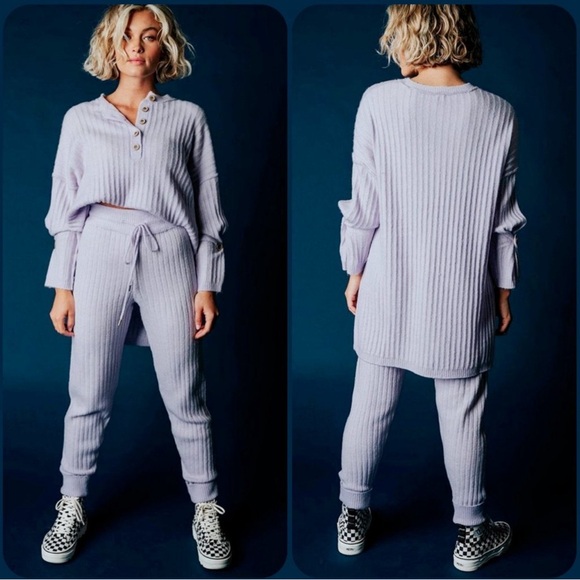 Free People Pants - Free People Around The Clock‎ Tunic Pullover Sweater Ribbed Jogger Set In Lilac